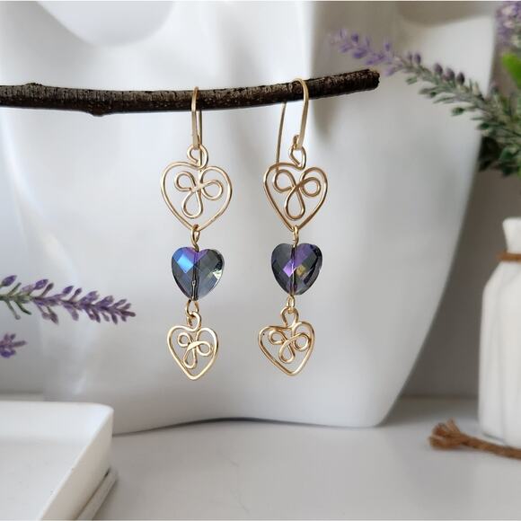 Gold and Purple Heart Dangle Earrings - Picture 4 of 10